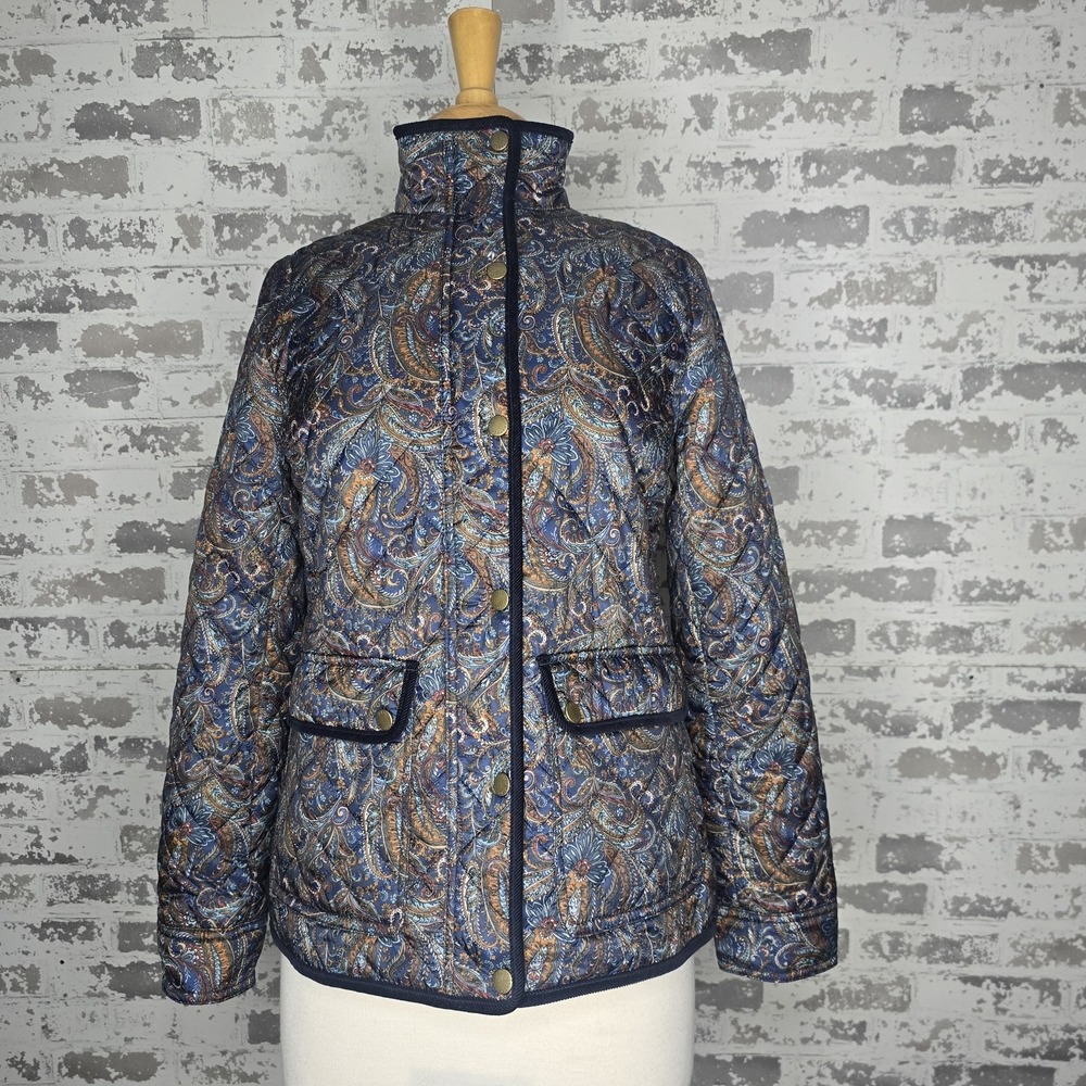 Talbots Jacket Womens XS Quilted Paisley Puffer Navy Blue Gold Corduroy Trim Zip